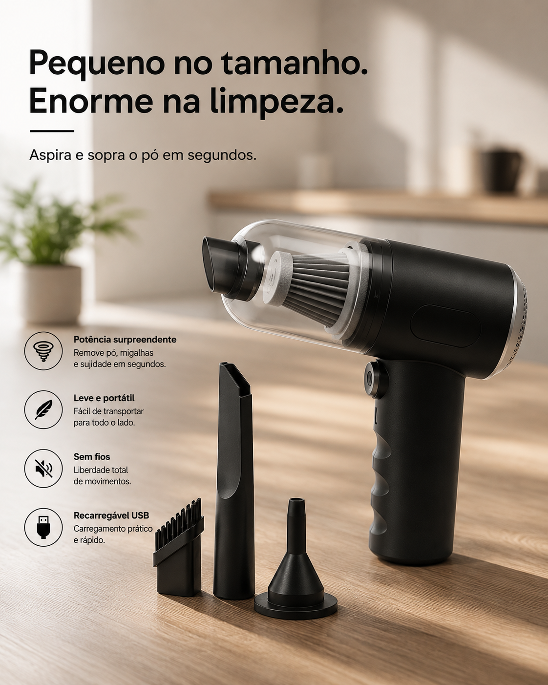 Aspirador Portátil Sem Fios 2 em 1 — Aspira e Sopra