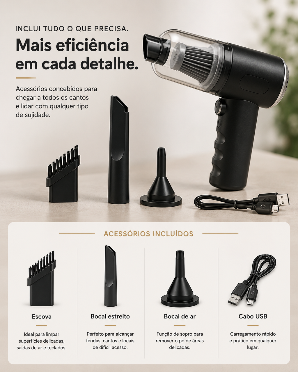 Aspirador Portátil Sem Fios 2 em 1 — Aspira e Sopra